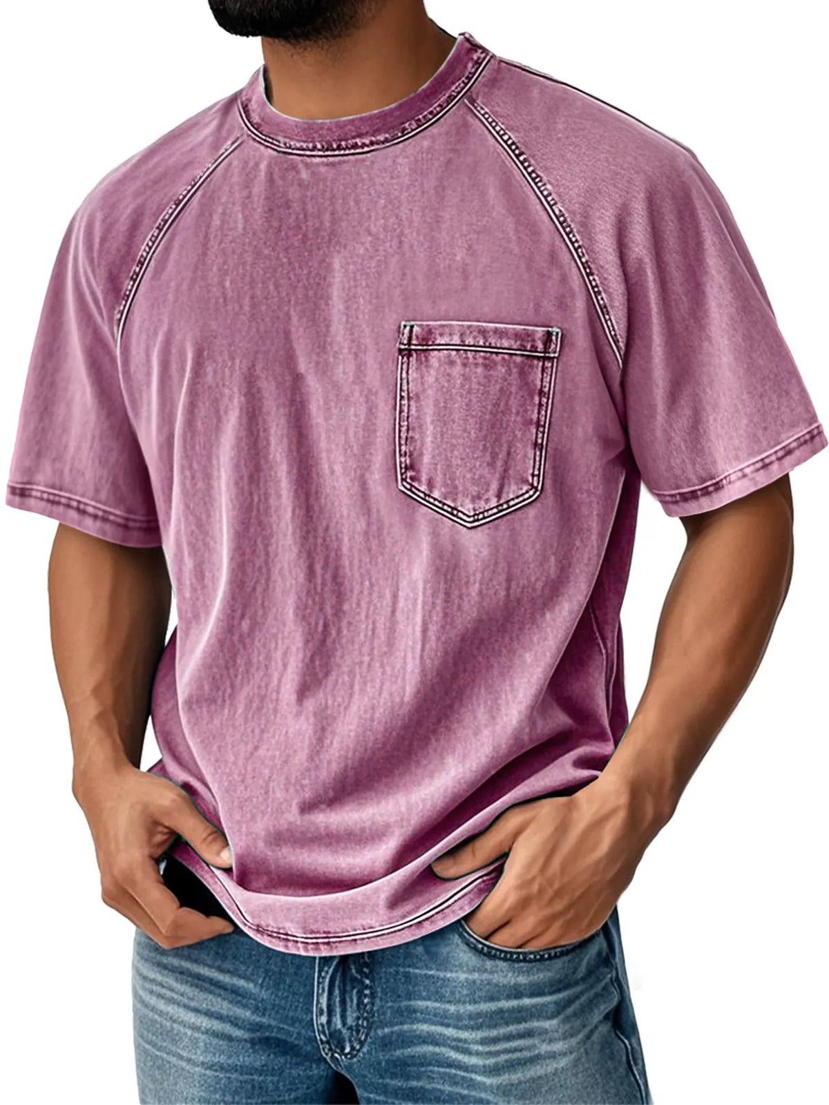 Men's Retro Round Neck Raglan Sleeve Casual Pocket Short Sleeve T-Shirt
