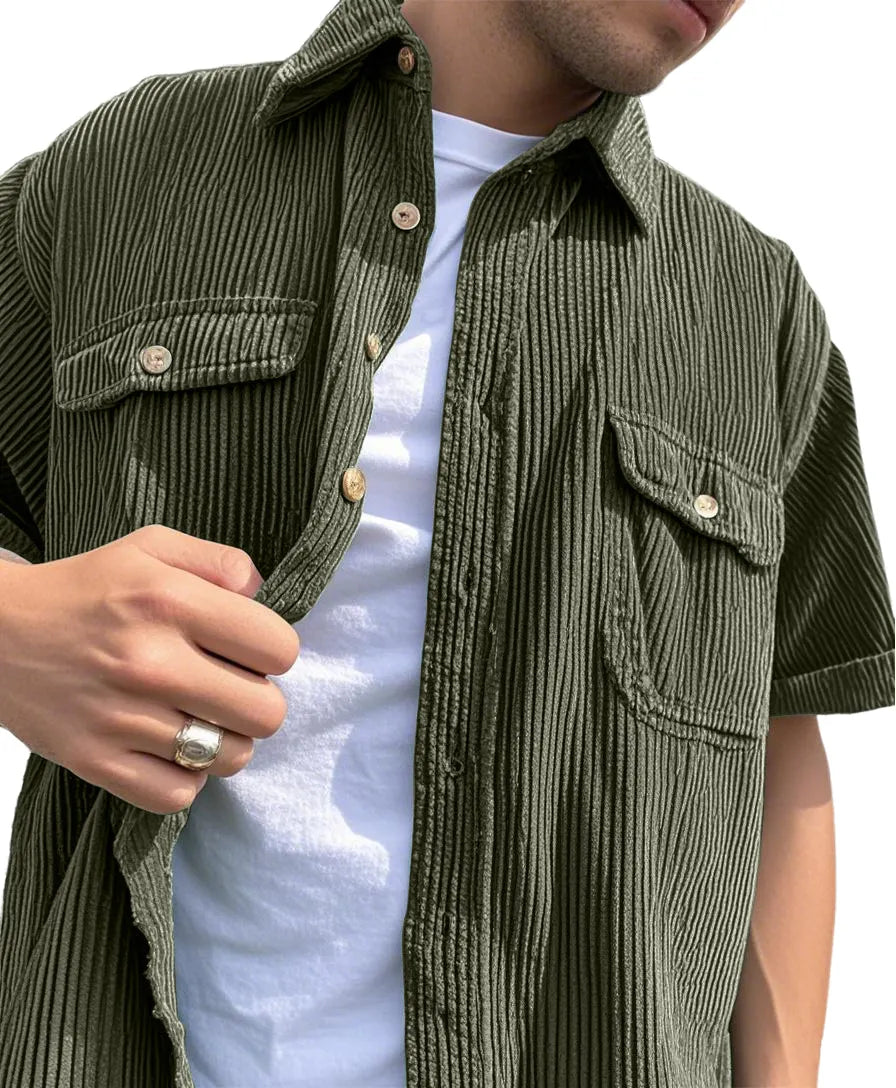Men's Fashion Double-pocket Retro Corduroy Workwear Casual Short-sleeved Shirt