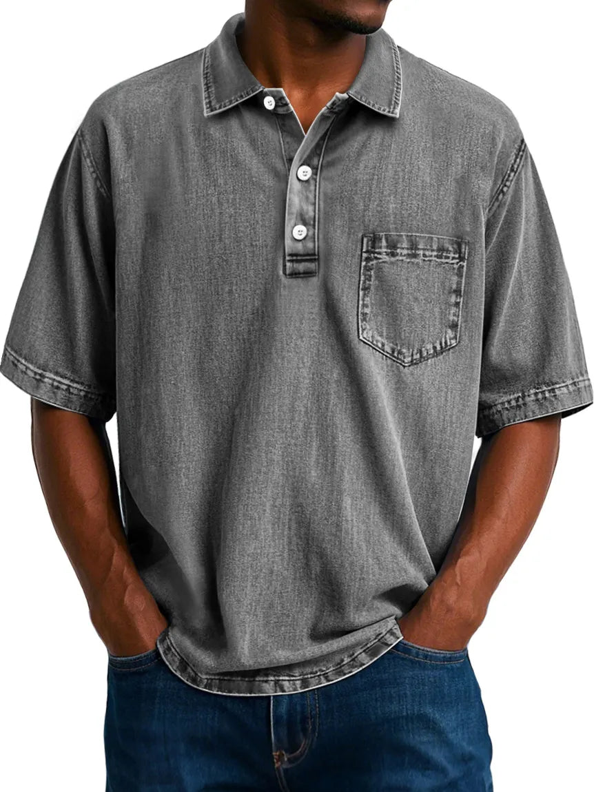 Men's Vintage 100% Cotton Washed Distressed Lapel Pocket Casual Short Sleeve POLO Shirt