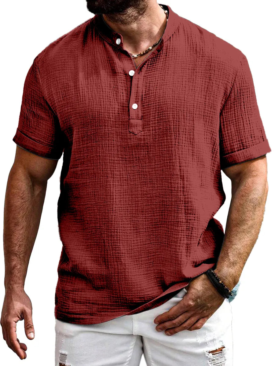 Men's Everyday Solid Color Texture Short-sleeved Half-open Collar Henley Shirt