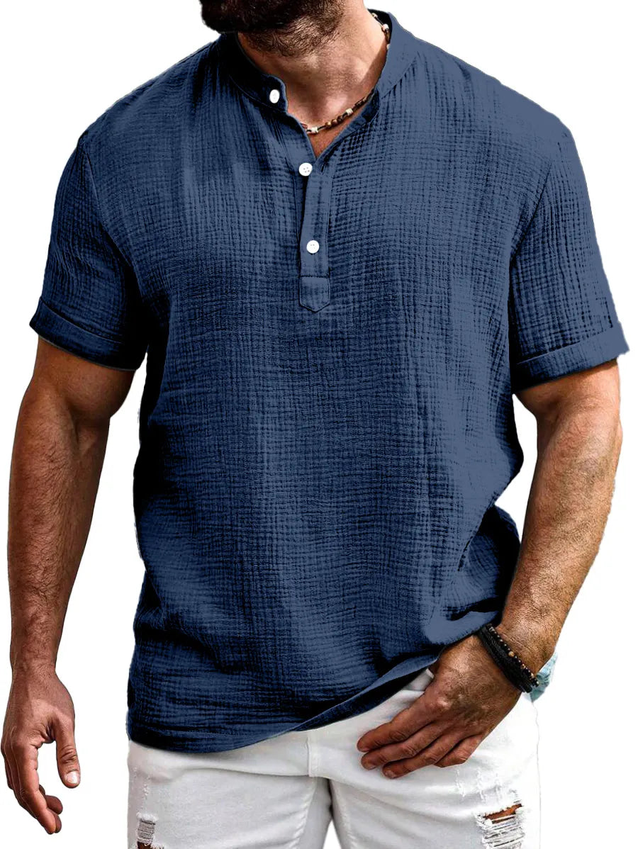 Men's Everyday Solid Color Texture Short-sleeved Half-open Collar Henley Shirt