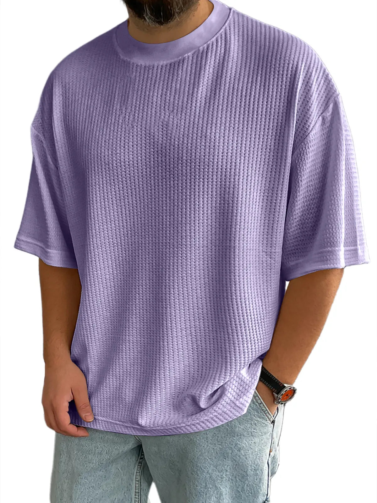 Men's Casual Textured Round Neck Solid Color Short-sleeved T-shirt