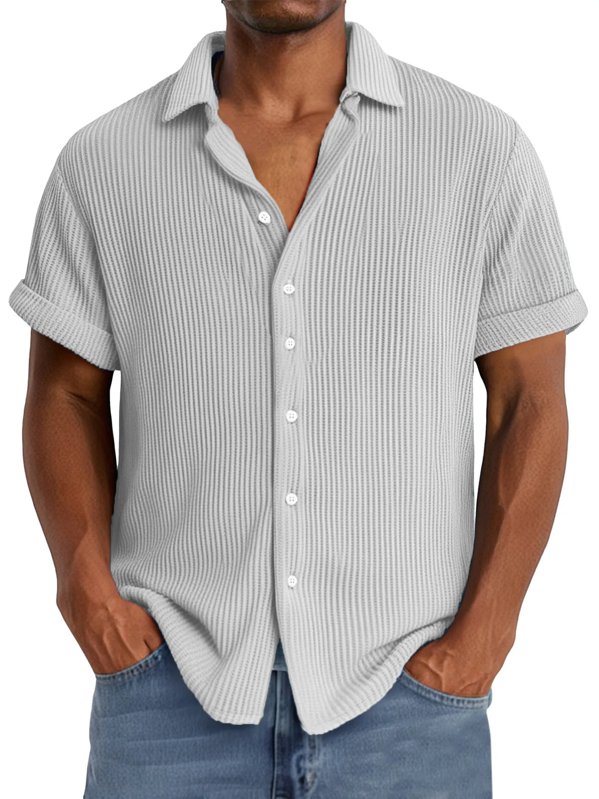 Men's summer casual simple waffle texture short-sleeved shirt