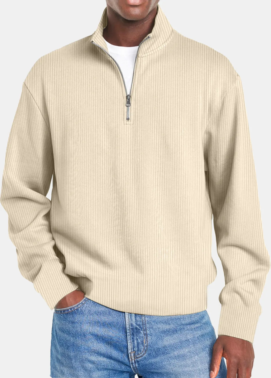 Men's Autumn and Winter Simple Vertical Strip Comfortable Zipper Long-sleeved Polo Shirt