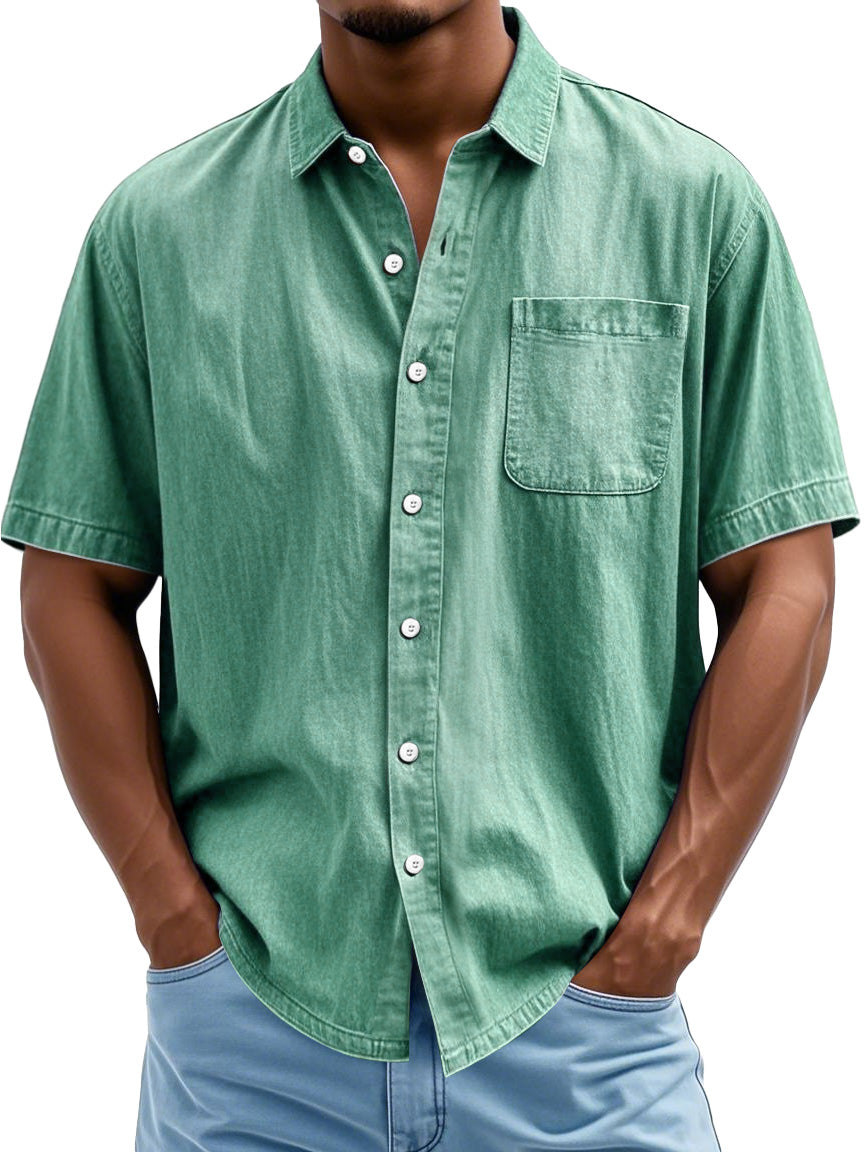Men's Fashion Casual Lapel Pocket Solid Color Short Shirt
