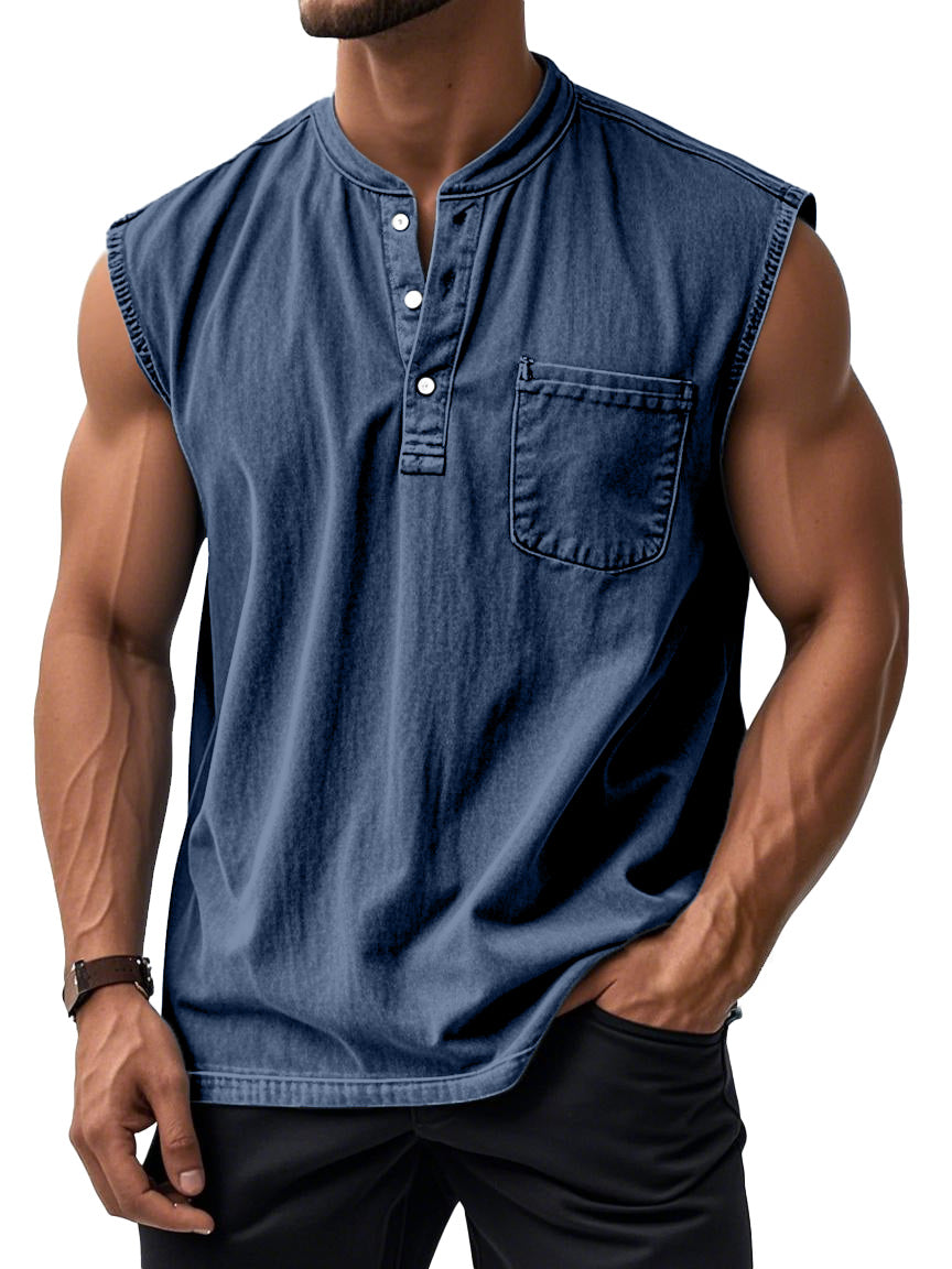 Men's Retro Solid Color Simple Sleeveless Henley Shirt