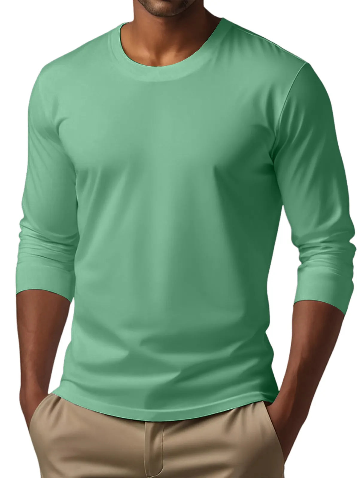 Men's Casual Round Neck Solid Color Comfortable Long Sleeve T-Shirt