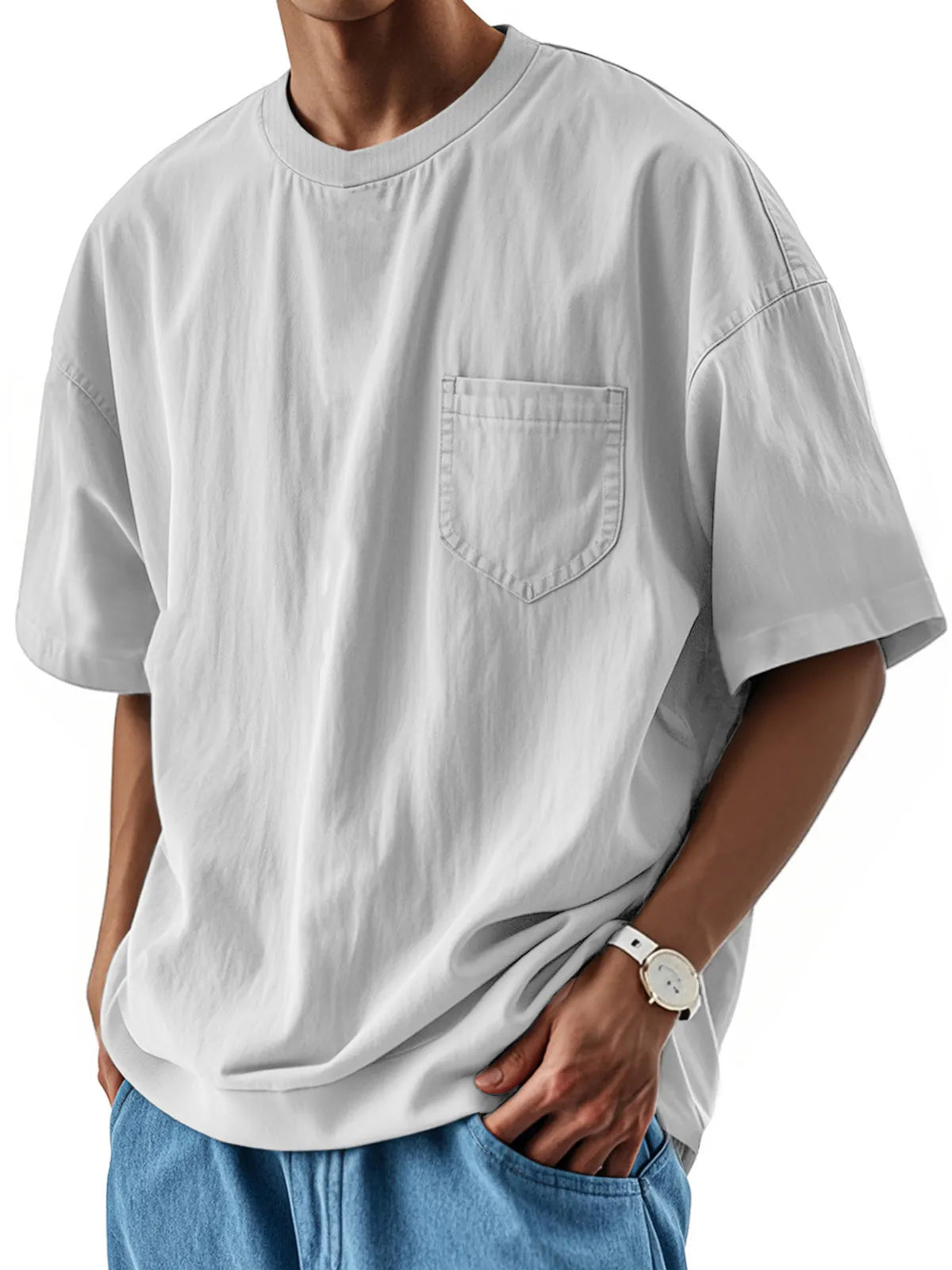Men's Fashion Casual Retro Shirt Round Neck Pocket Short Sleeve T-Shirt