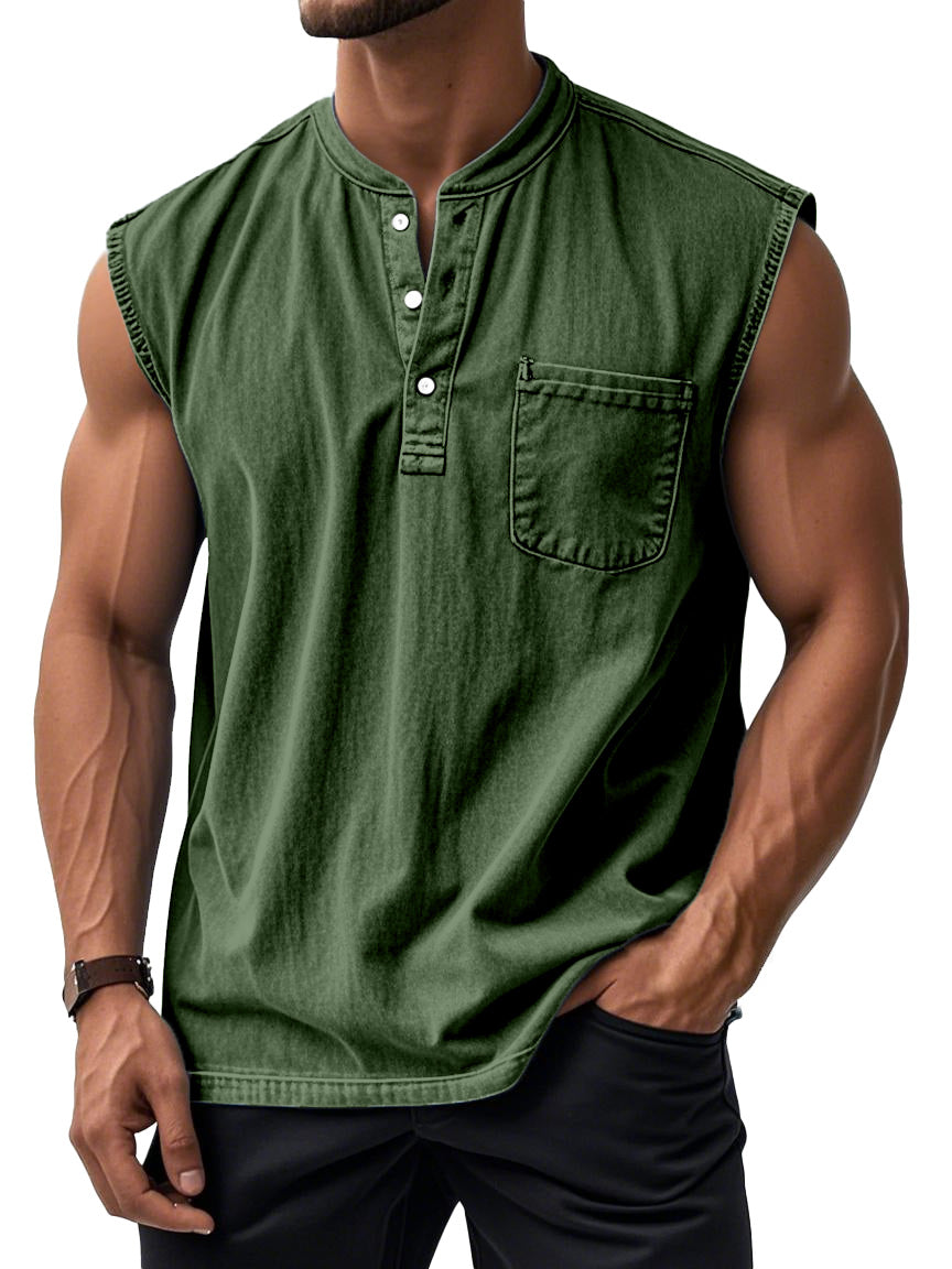 Men's Retro Solid Color Simple Sleeveless Henley Shirt