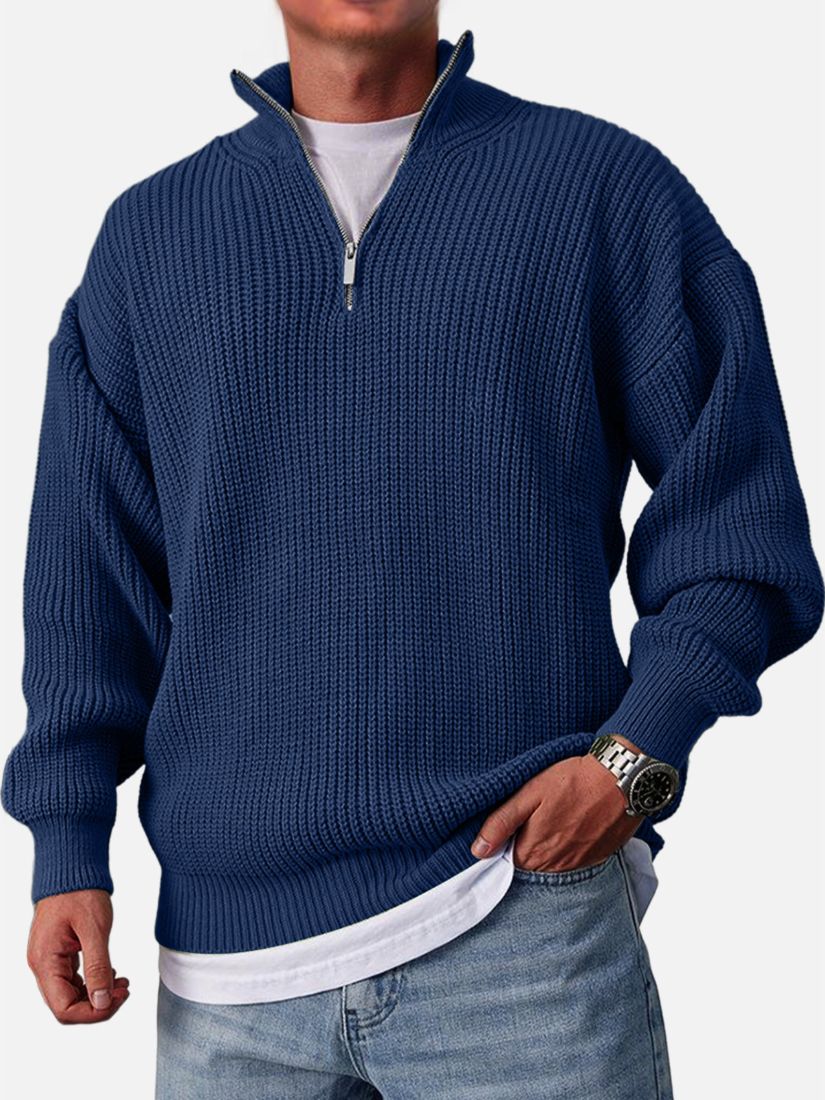 Men's Casual Fashion Loose Zipper Stand Collar Solid Color Sweater