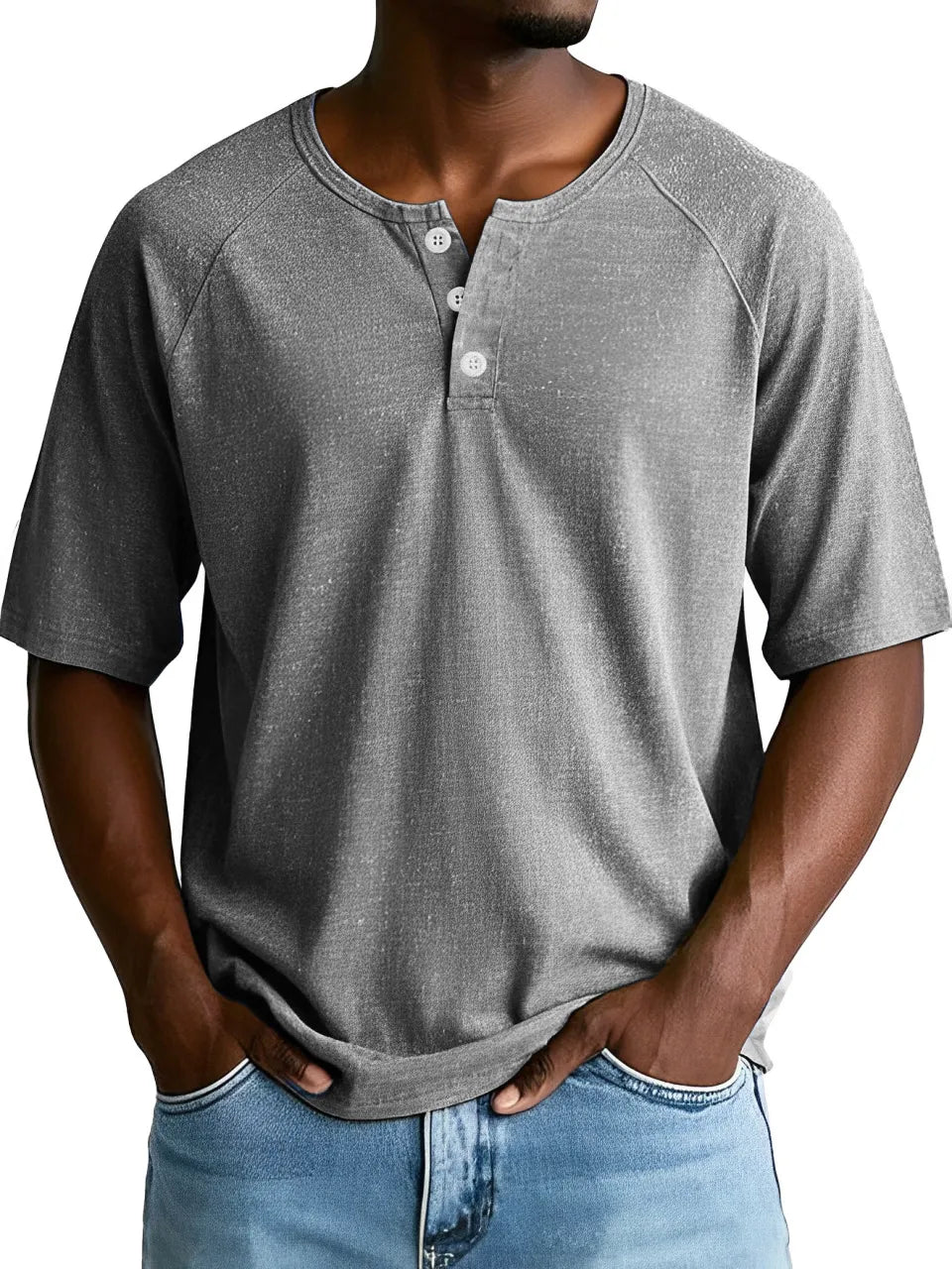 Men's Fashion Retro Sports Raglan Short Sleeve Button-Down Henley Shirt