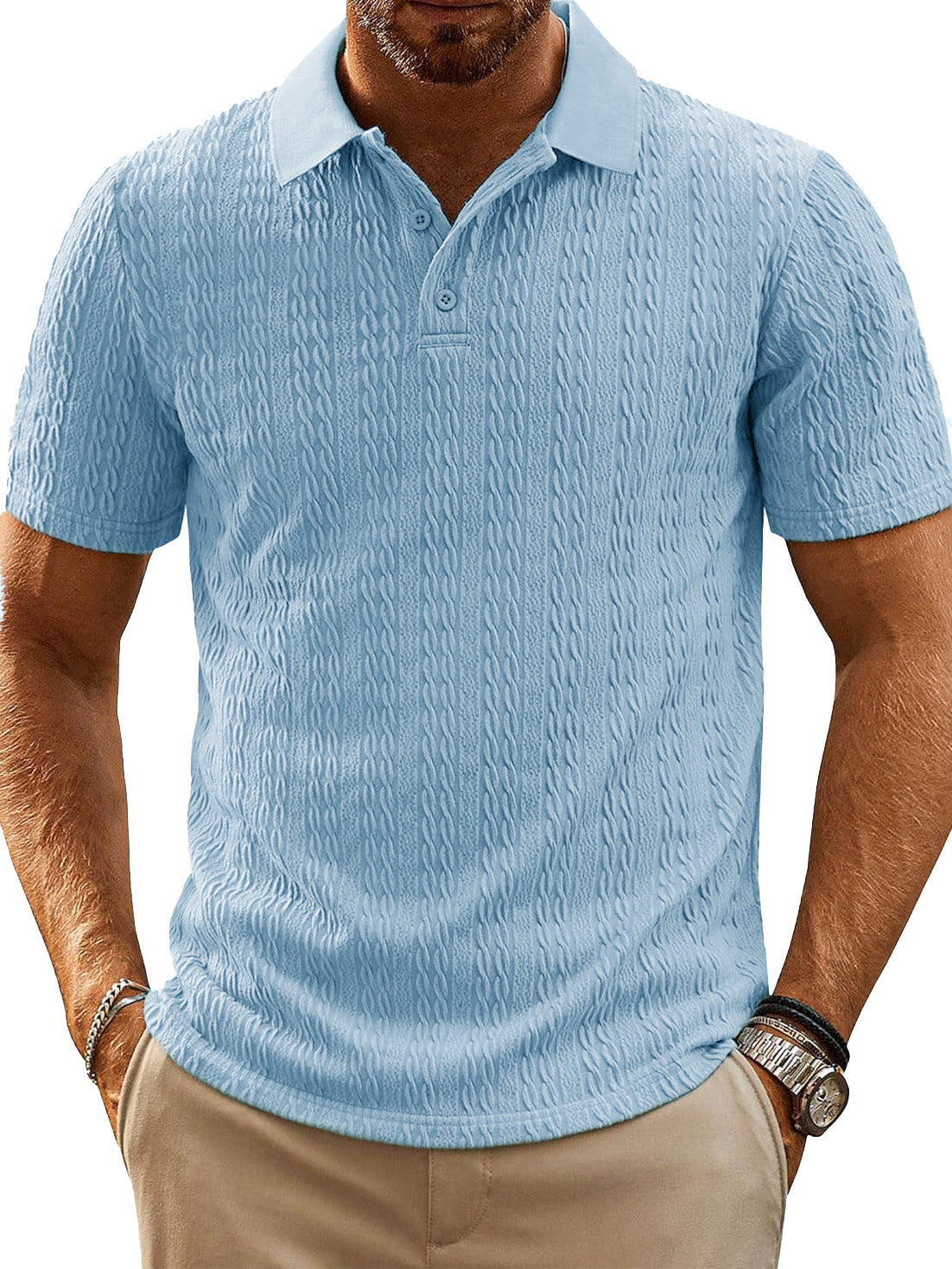 Men's Fashion Everyday Jacquard Fabric Short-sleeved Lapel Pocket Polo Shirt