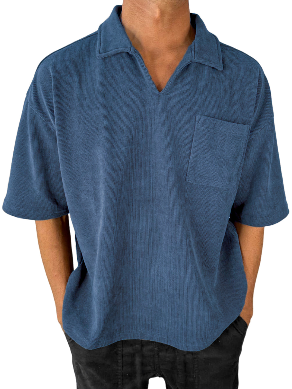 Men's Stylish V-Neck Ribbed Corduroy Casual POLO Shirt With Chest Pocket
