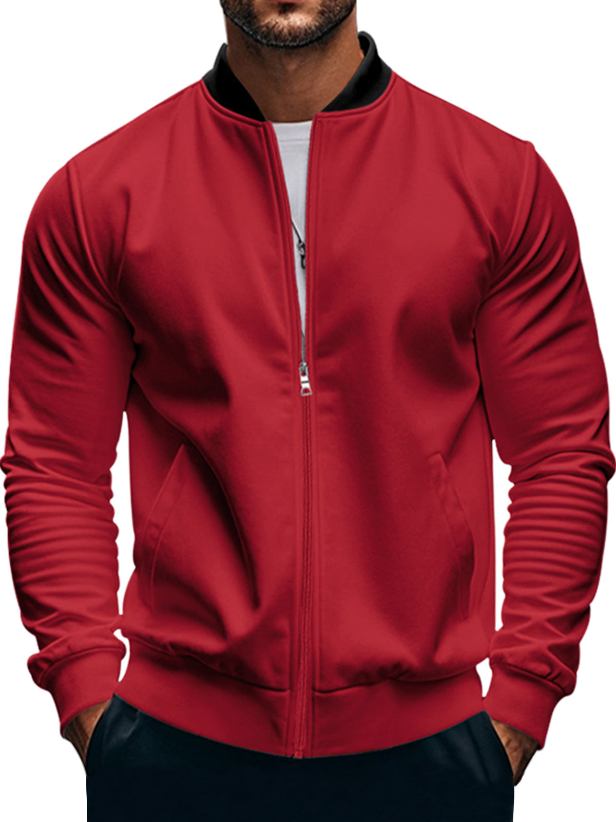 Men's Casual Stand Collar Zipper Long Sleeve Baseball Jacket