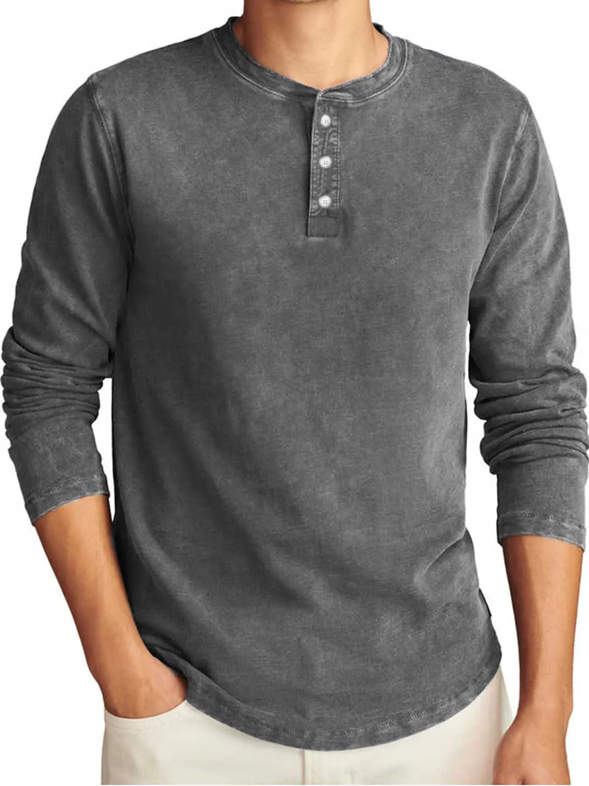 Men's Vintage Distressed Long Sleeve Casual T-Shirt Henley Shirt
