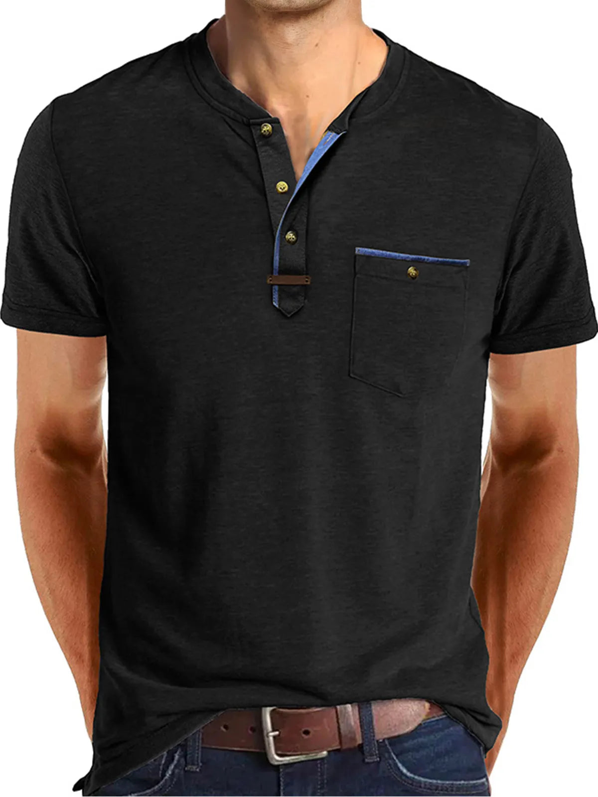 Men's Casual Button Solid Color Pocket Short Sleeve Henley Shirt