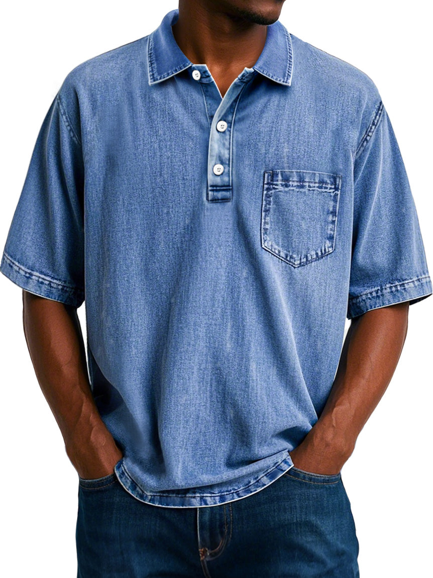 Men's Vintage 100% Cotton Washed Distressed Lapel Pocket Casual Short Sleeve POLO Shirt