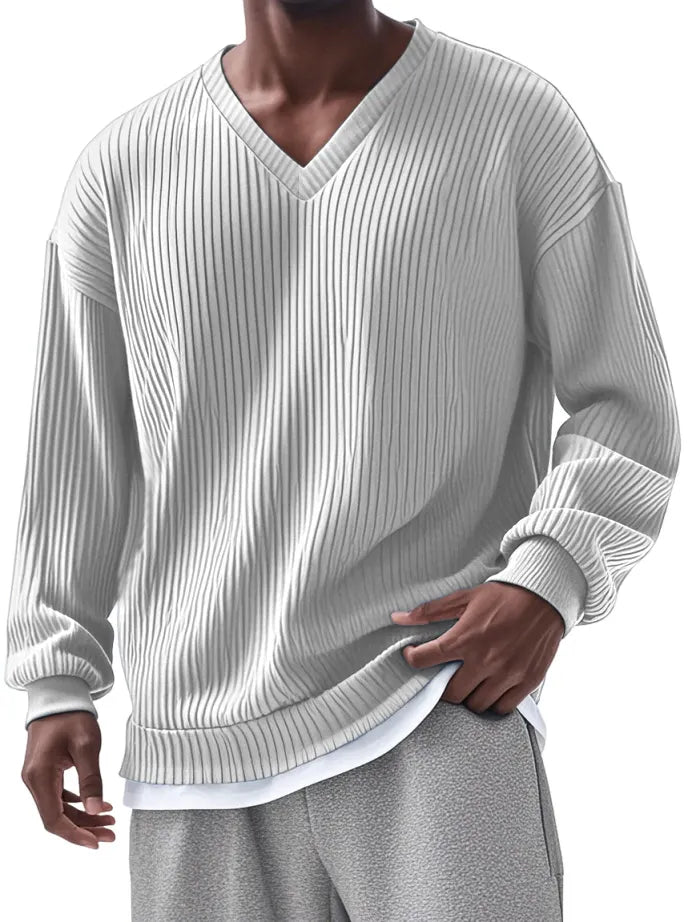 Men's Everyday Loose V-neck Vertical Long-sleeved T-shirt