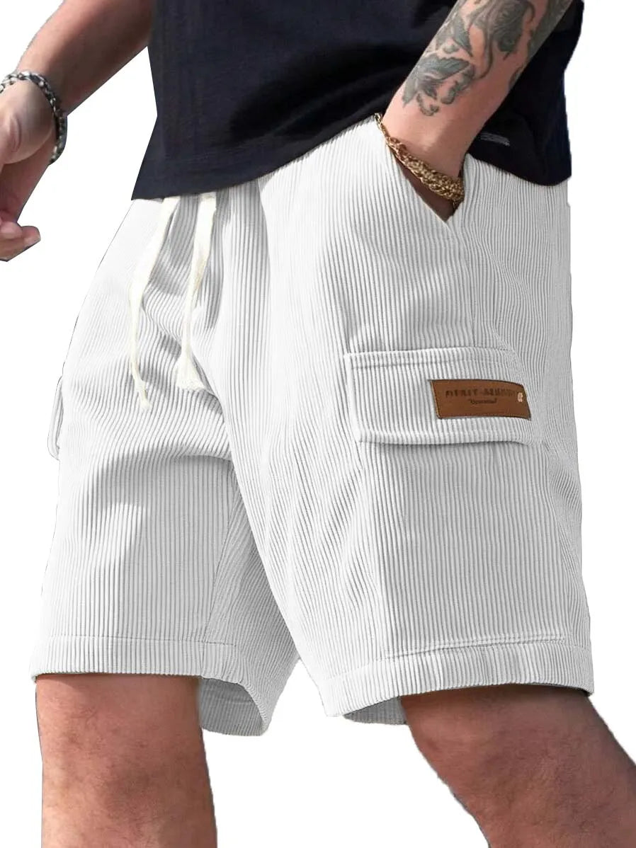 Men's Fashion Retro Workwear Pocket Ribbed Embroidered Logo Shorts