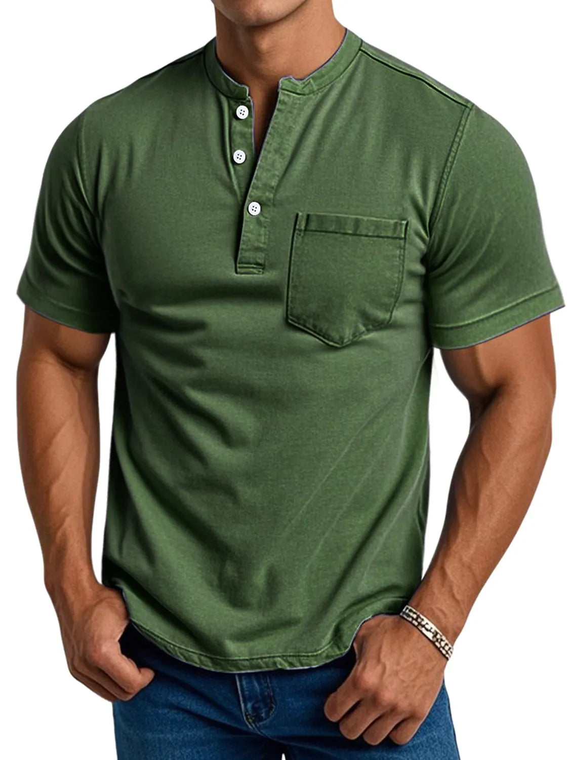 Men's Daily Casual Pocket Stand Collar Short Sleeve Comfortable Henley Shirt