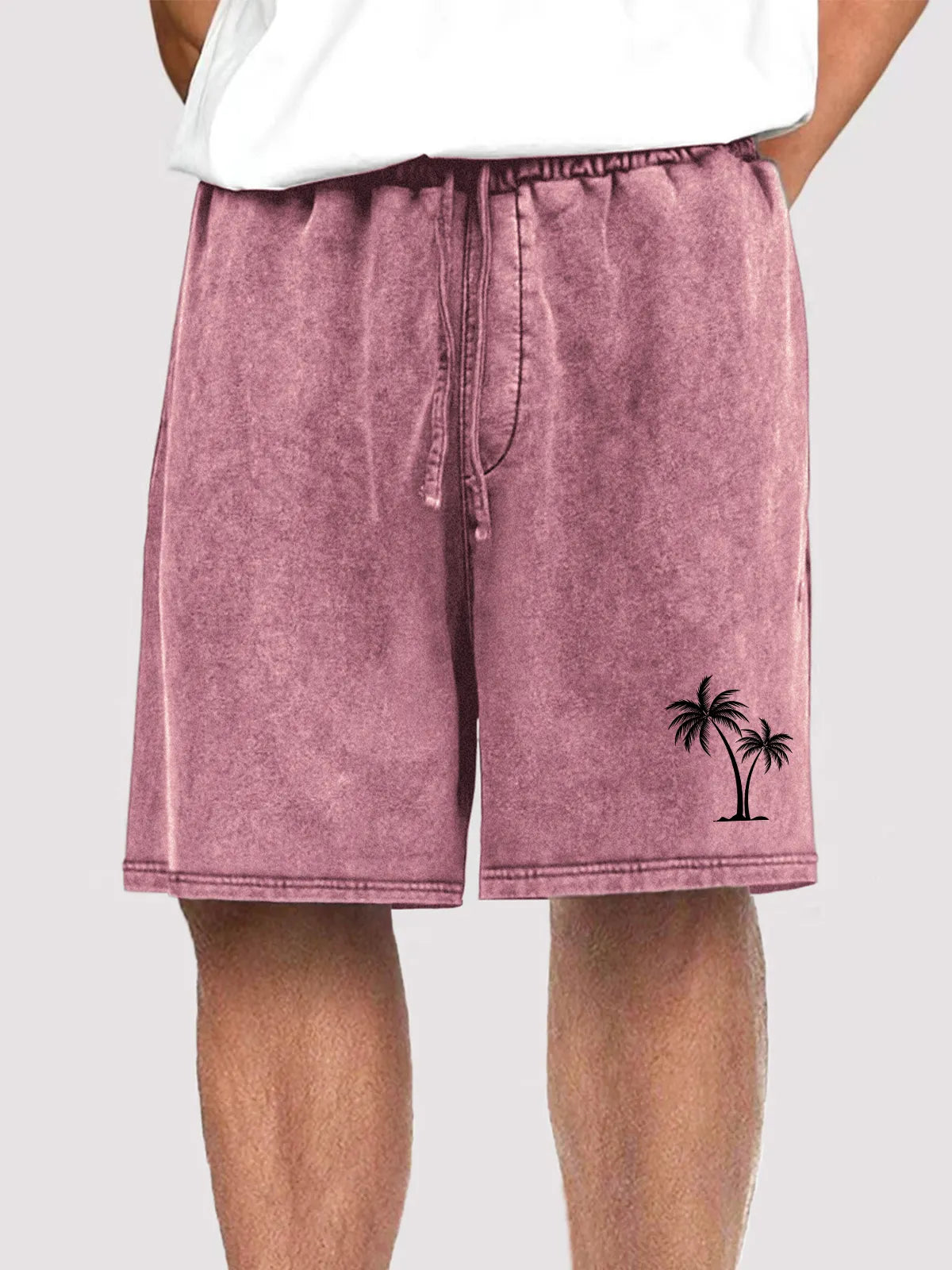Men's Vintage Distressed Coconut Tree Print Holiday Casual Elastic Waist Shorts With Side Pockets