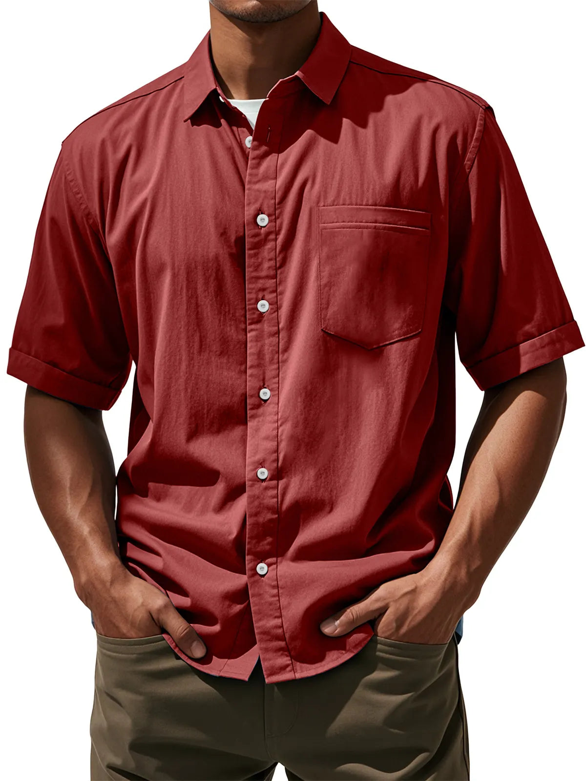 Men's Daily Casual Pocket Solid Color Comfortable Short Sleeve Shirt