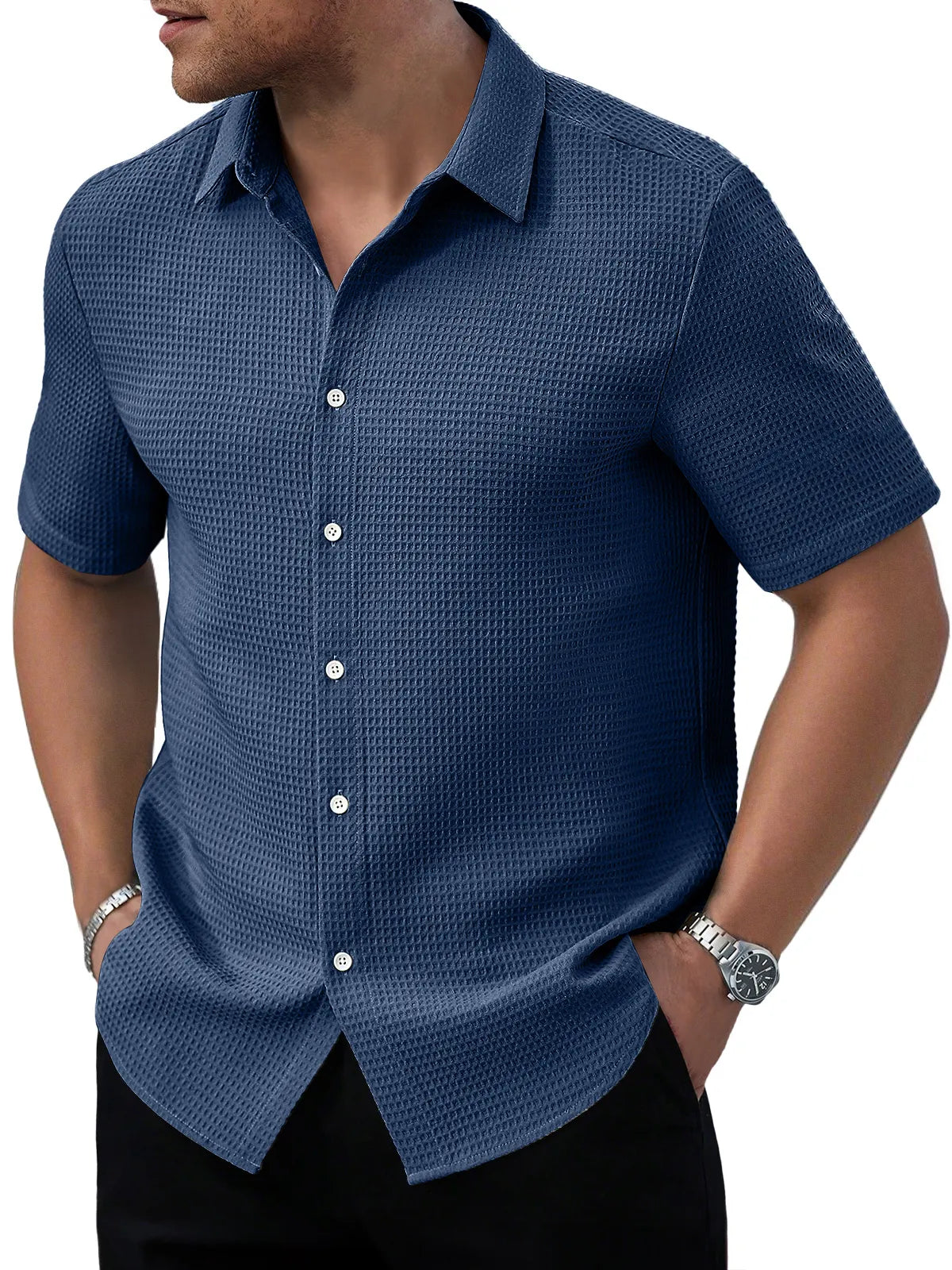 Men's Waffle Daily Casual Comfort Solid Color Short Sleeve Shirt