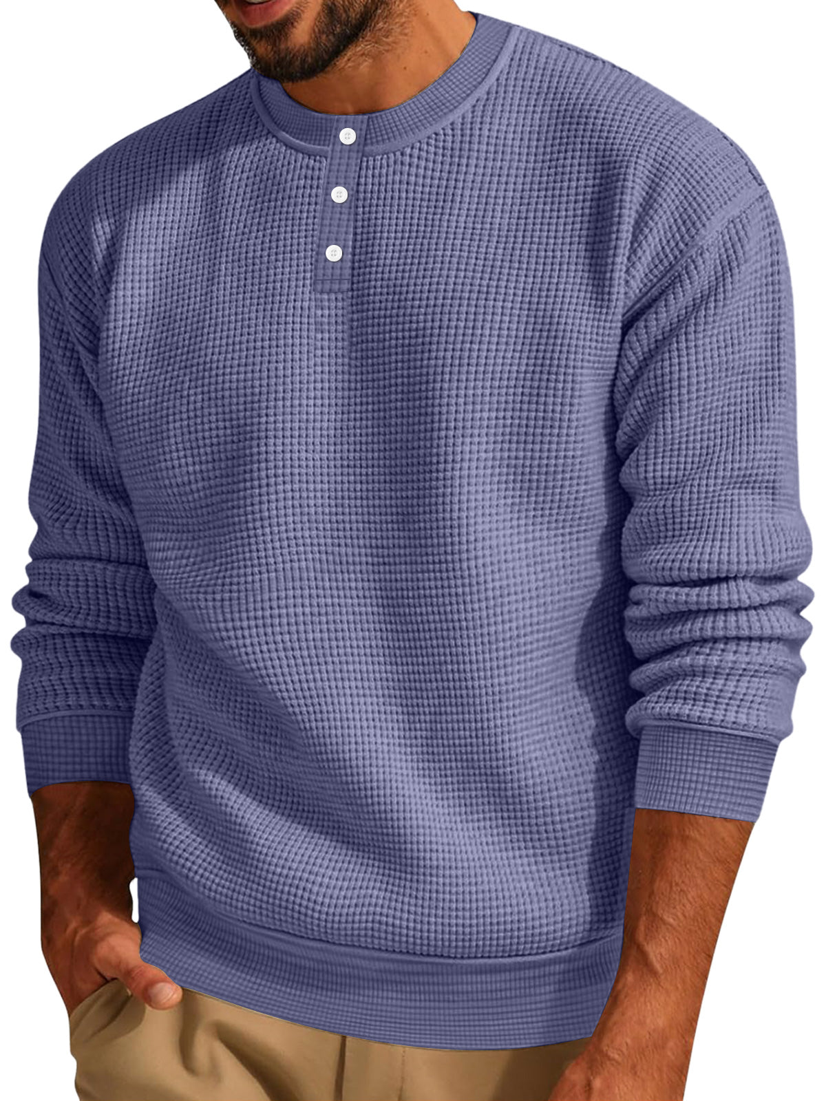 Men's Casual Waffle Solid Button Up Long Sleeve Henley