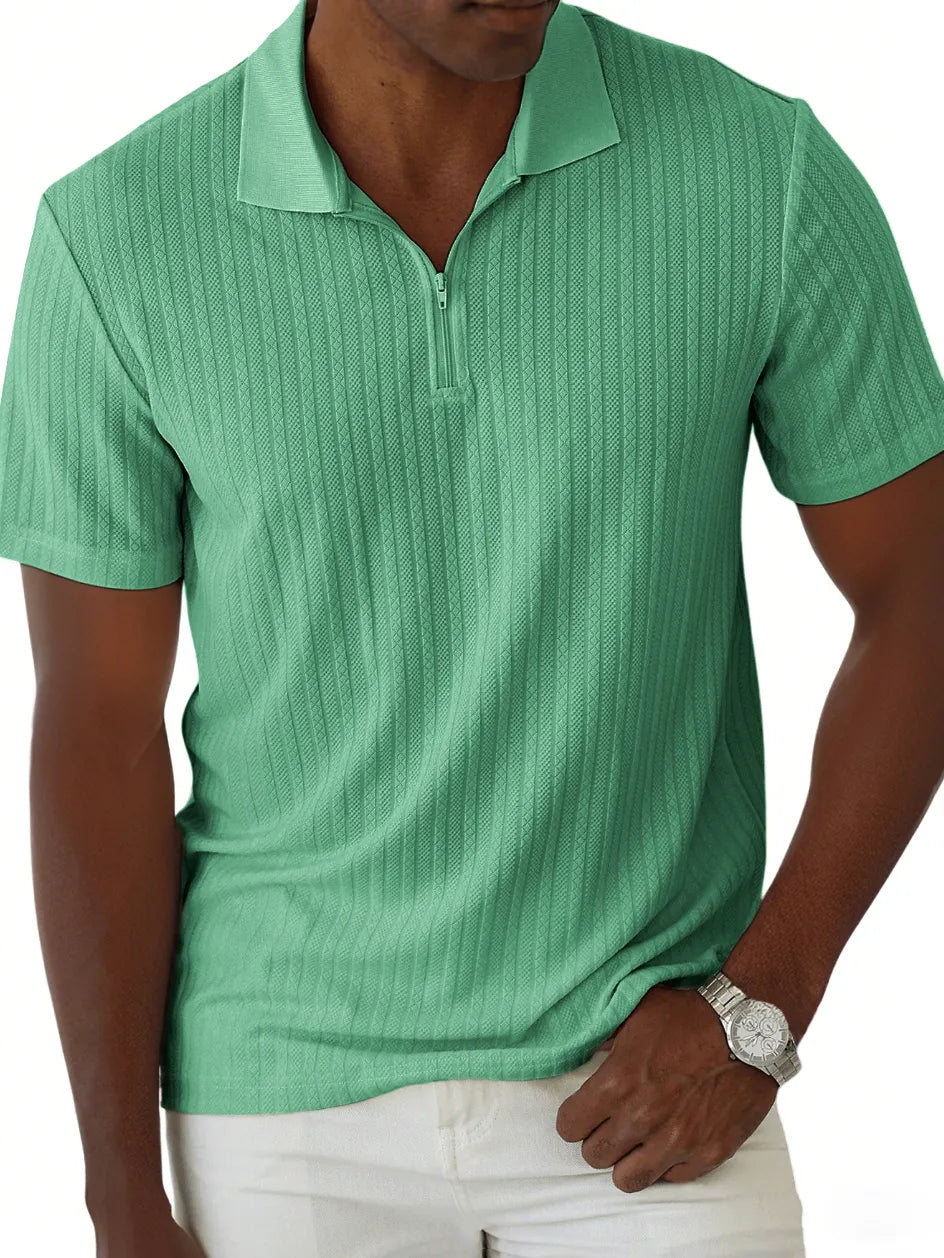 Men's Jacquard Casual Quarter Zip Lapel Short Sleeve Polo Shirt