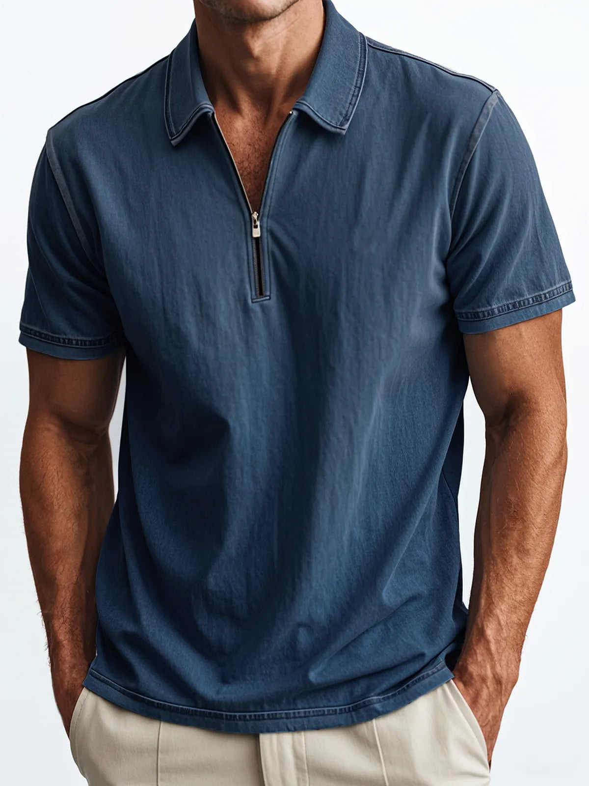 Men's Retro Quarter Zip Collar Casual Fit Polo Shirt