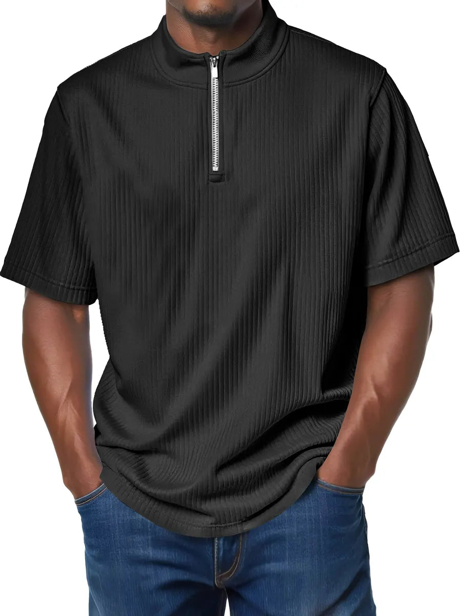 Men's Fashion Stand Collar Zipper Ribbed Texture Casual Comfort Short Sleeve T-shirt
