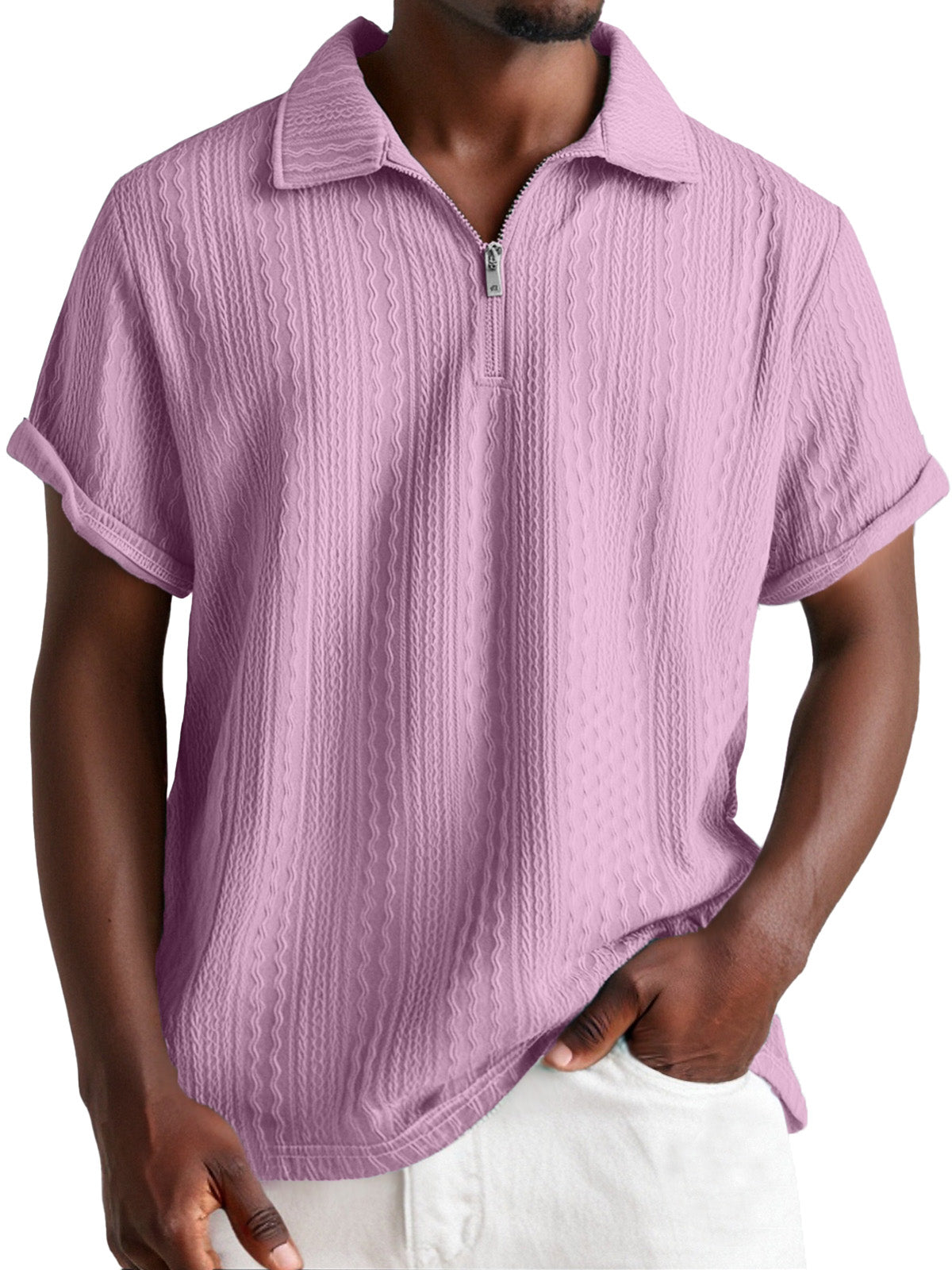 Men's Everyday Design Textured Short-sleeved Lapel Zipper Polo Shirt