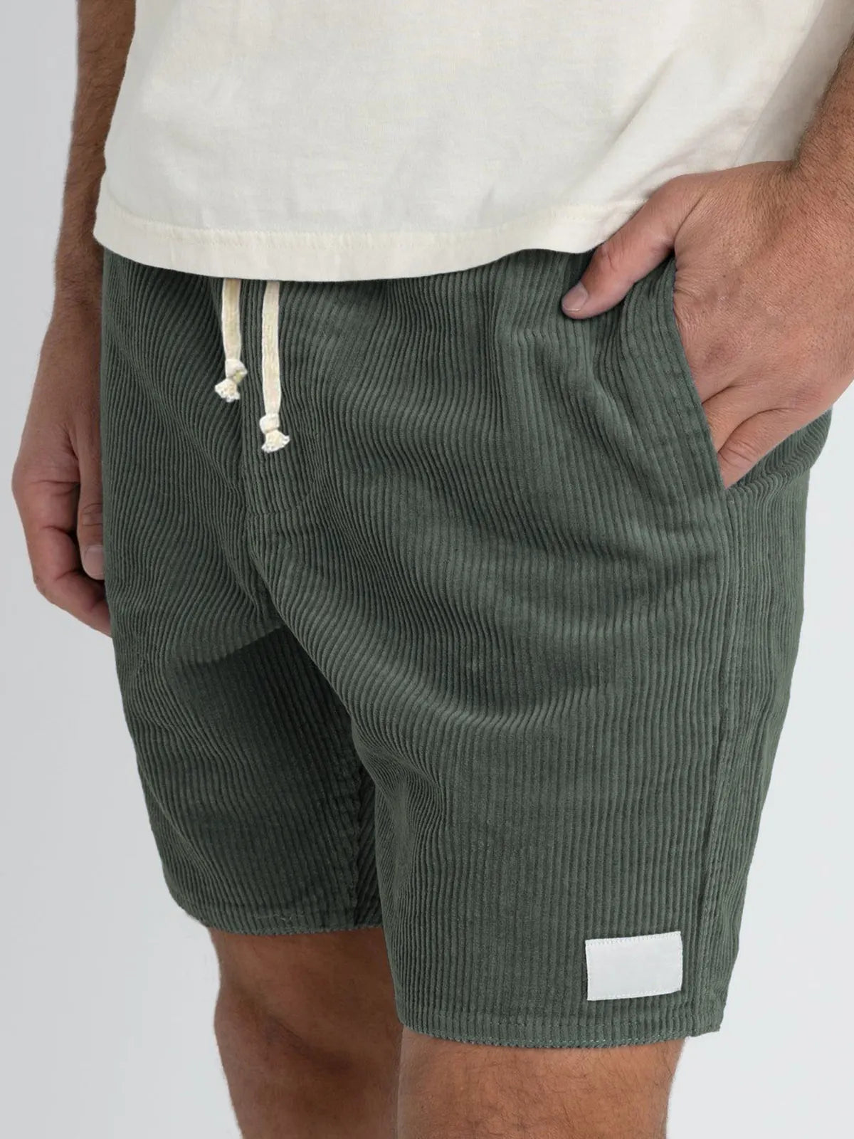 Men's Stylish Corduroy Basics Embroidered Logo Comfortable Everyday Lace-Up Shorts with Side Pockets