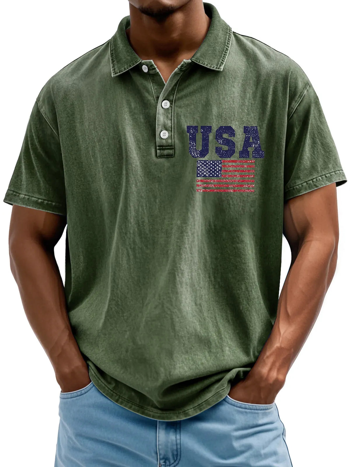 Men's Vintage American Independence Day Flag Print Lapel Short Sleeve Polo Shirt