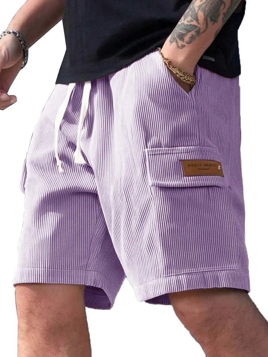 Men's Fashion Retro Workwear Pocket Ribbed Embroidered Logo Shorts