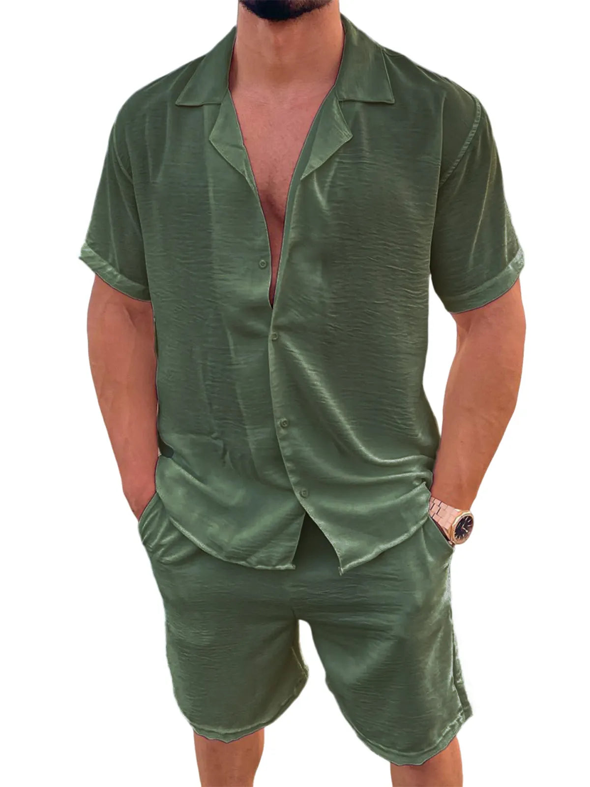 Men's Linen Camp Set Vacation Leisure Short Sleeve and Shorts Two-piece Suit