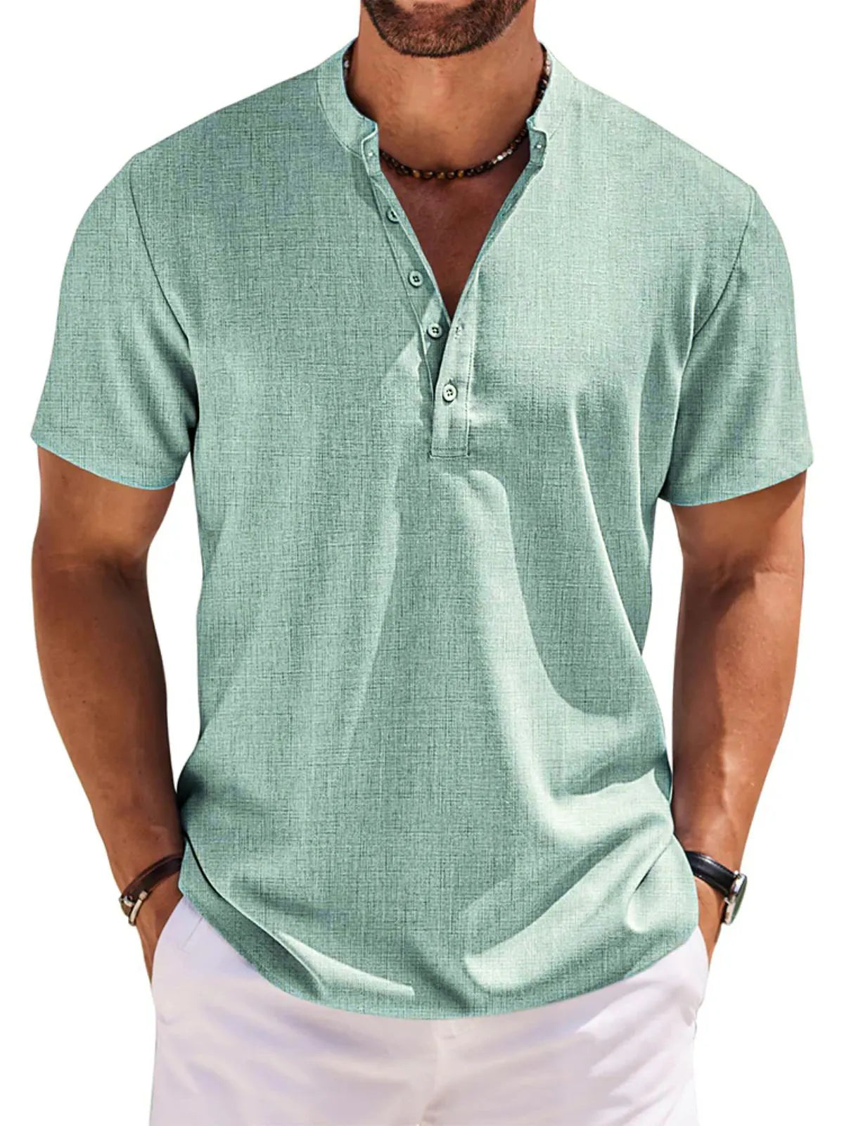 Men's 100% Cotton and Linen Casual Short Sleeve Henley Button Shirt