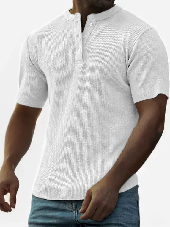 Men's Waffle Fashion Button-Down Henley Short Sleeve Top