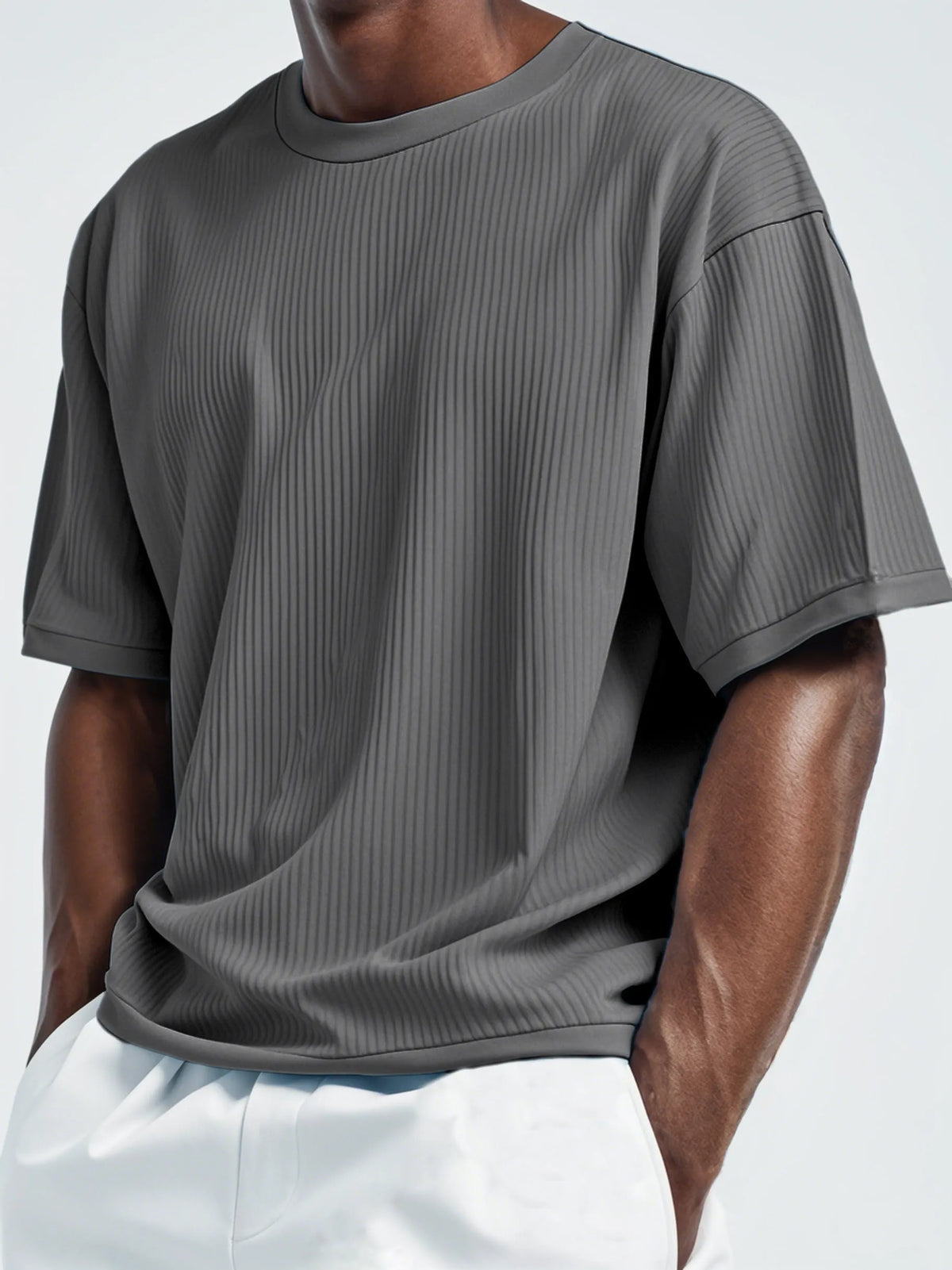 Men's Pleated Vertical Striped Fabric Casual Short Sleeve T-shirt