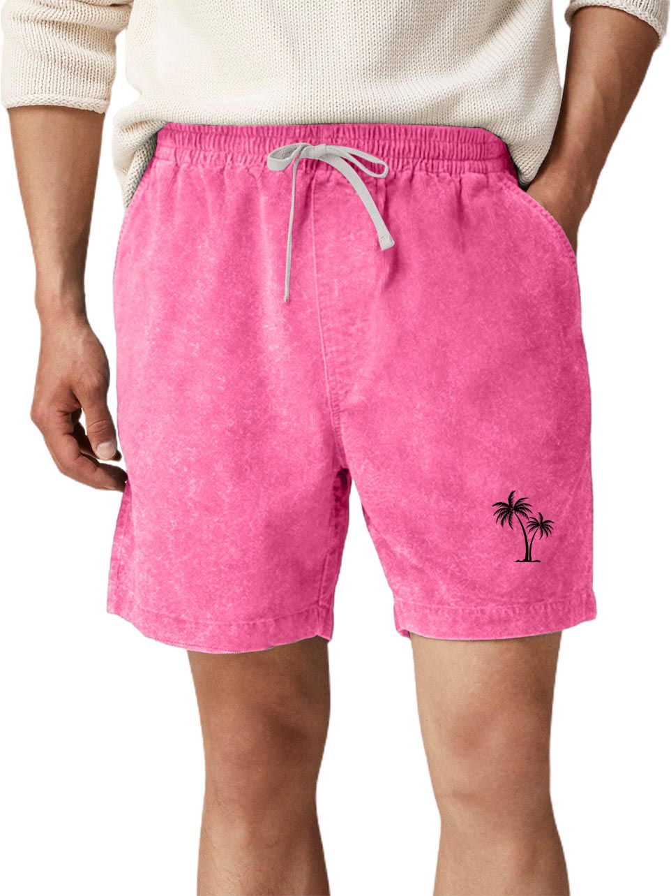 Men's Cotton Washed Water Distressed Wax Printed Pockets Palm Tree Printed Daily Shorts