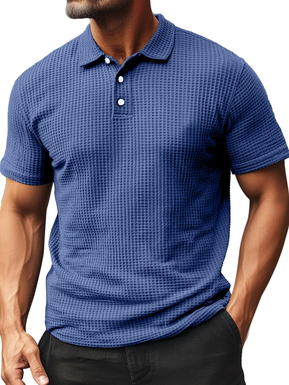 Men's Summer Daily Waffle Texture Short Sleeve Button-up Polo Shirt