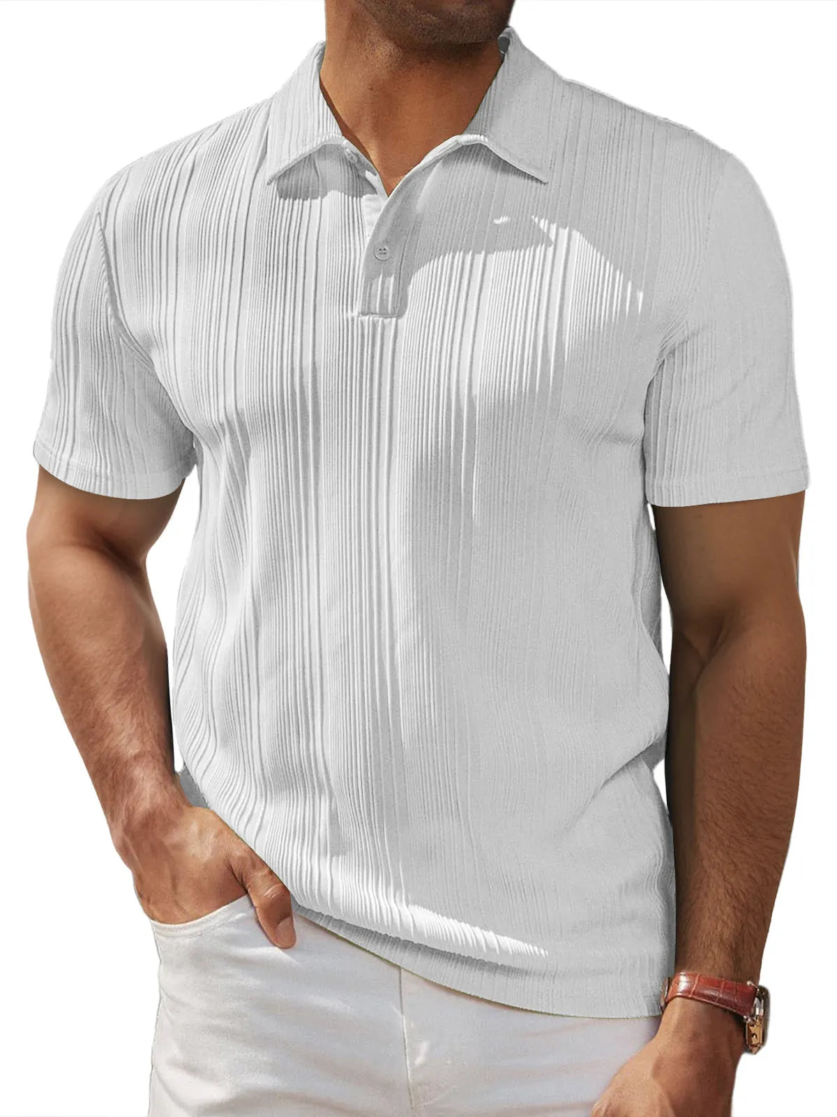 Men's Daily Casual Loose Textured Lapel Button Short-sleeved Polo Shirt