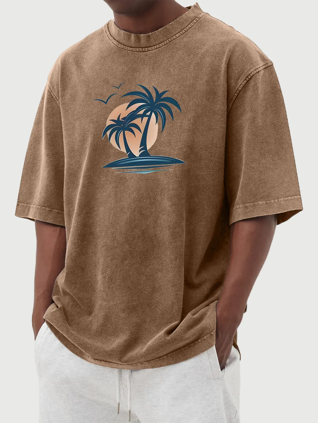 Men's Washed Distressed Cotton Palm Tree Casual Short-sleeved T-shirt