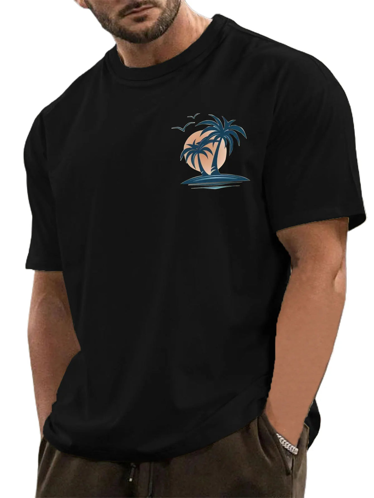 Men's Cotton Basic Casual Palm Tree Print Comfortable Short-sleeved T-shirt