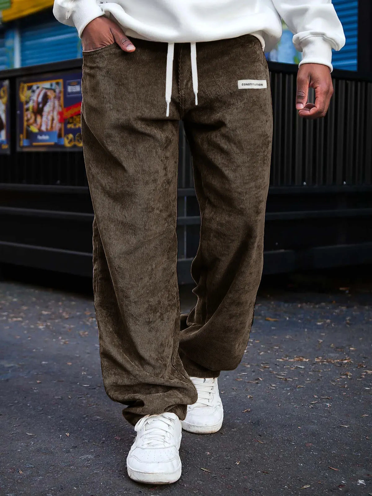 Men's Fashion Daily Corduroy Ribbed Fabric Embroidered Logo Elastic Waist Trousers