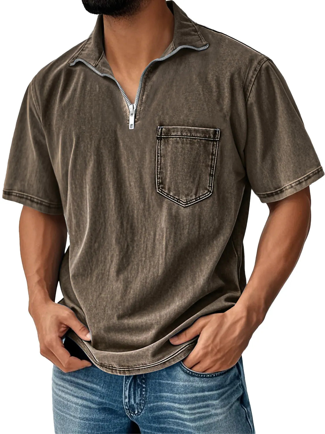 Men's Retro Daily Stand Collar Zipper Pocket Casual Short Sleeve T-shirt