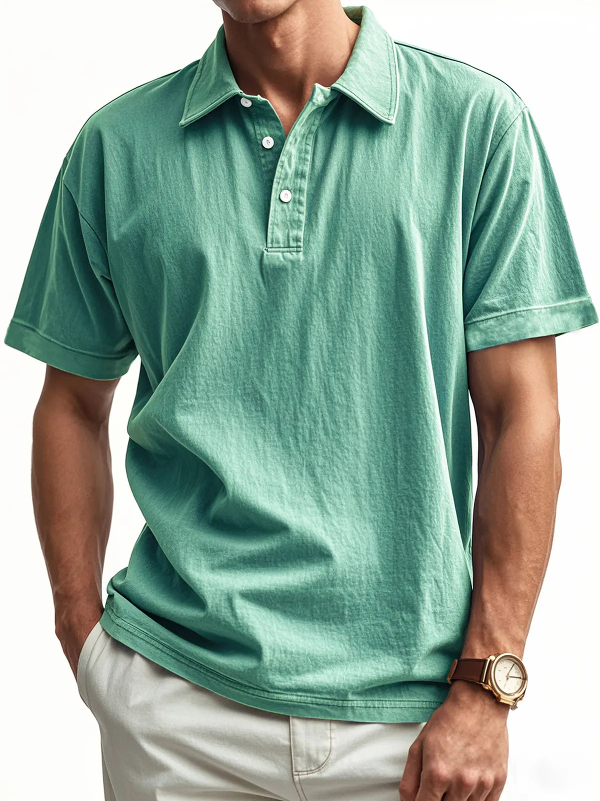 Men's Retro Washed Distressed Button Lapel Casual POLO Shirt