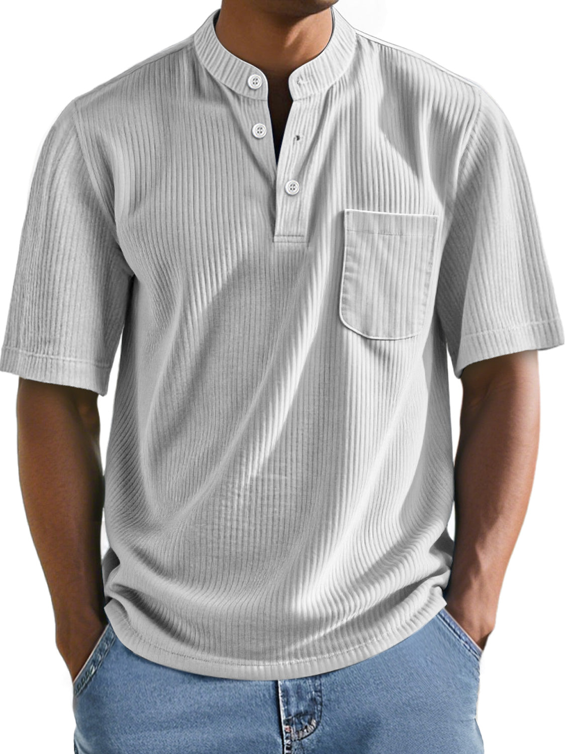 Men's Everyday Stand Collar Ribbed Pocket Comfort Short Sleeve Henley Shirt