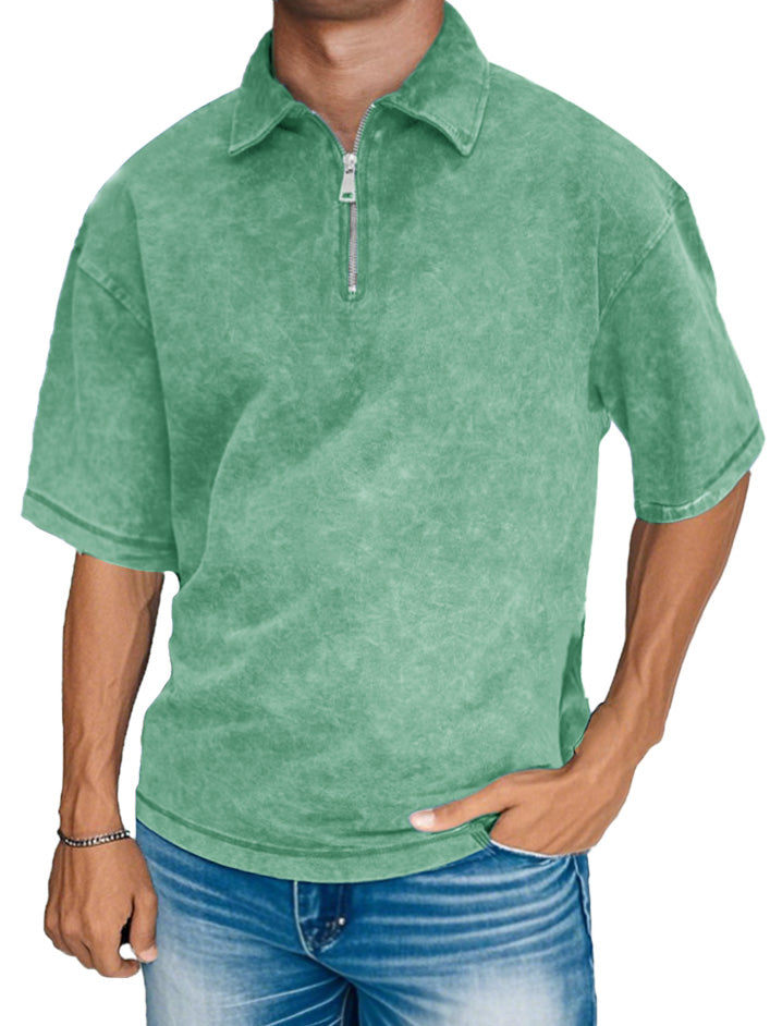 Men's Fashion Retro Distressed Short Sleeve Lapel Zipper Polo Shirt