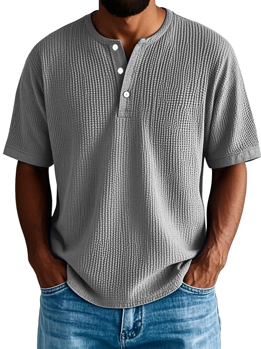 Men's Fashion Casual Pleated Fabric Short-sleeved Vintage Henley Shirt